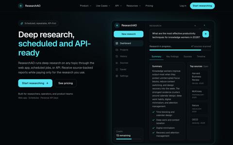 ResearchAO | Scheduled Deep Research and Research API — screenshot