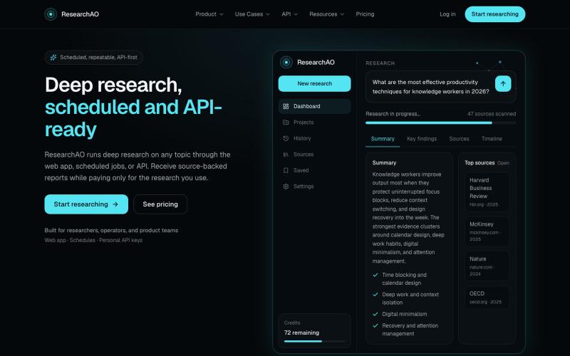 ResearchAO | Scheduled Deep Research and Research API — screenshot