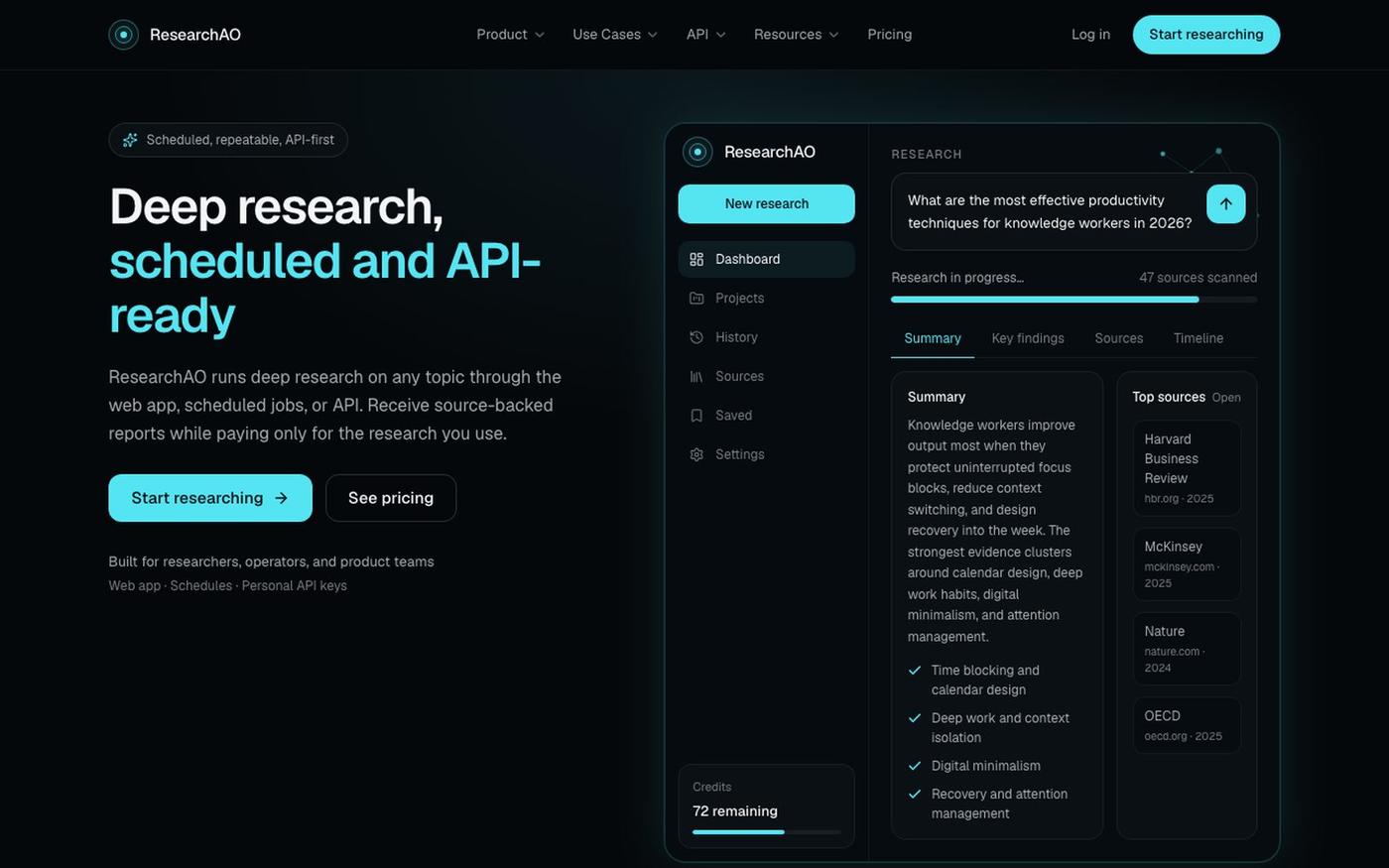 ResearchAO | Scheduled Deep Research and Research API — screenshot