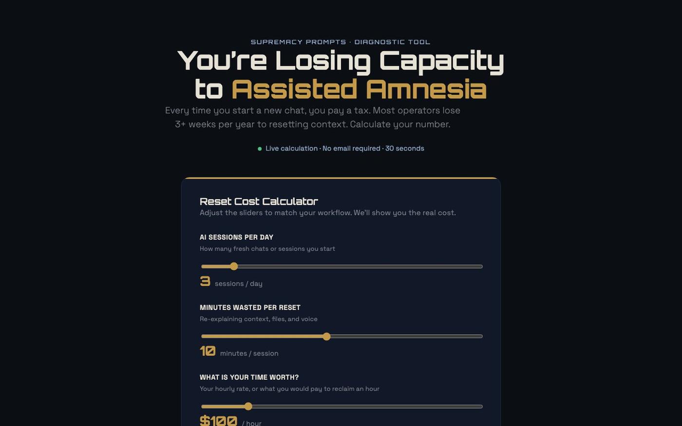 Reset Cost Calculator | Supremacy Prompts — screenshot