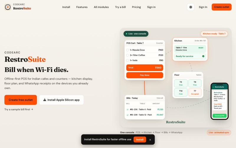 RestroSuite — Offline-First Restaurant POS & Billing — screenshot