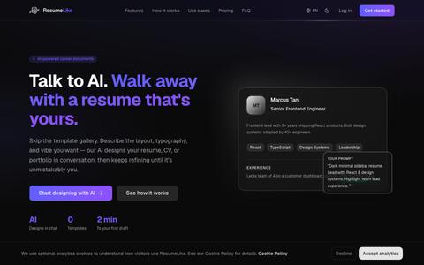 AI Resume &amp; Portfolio Builder | ResumeLike — screenshot