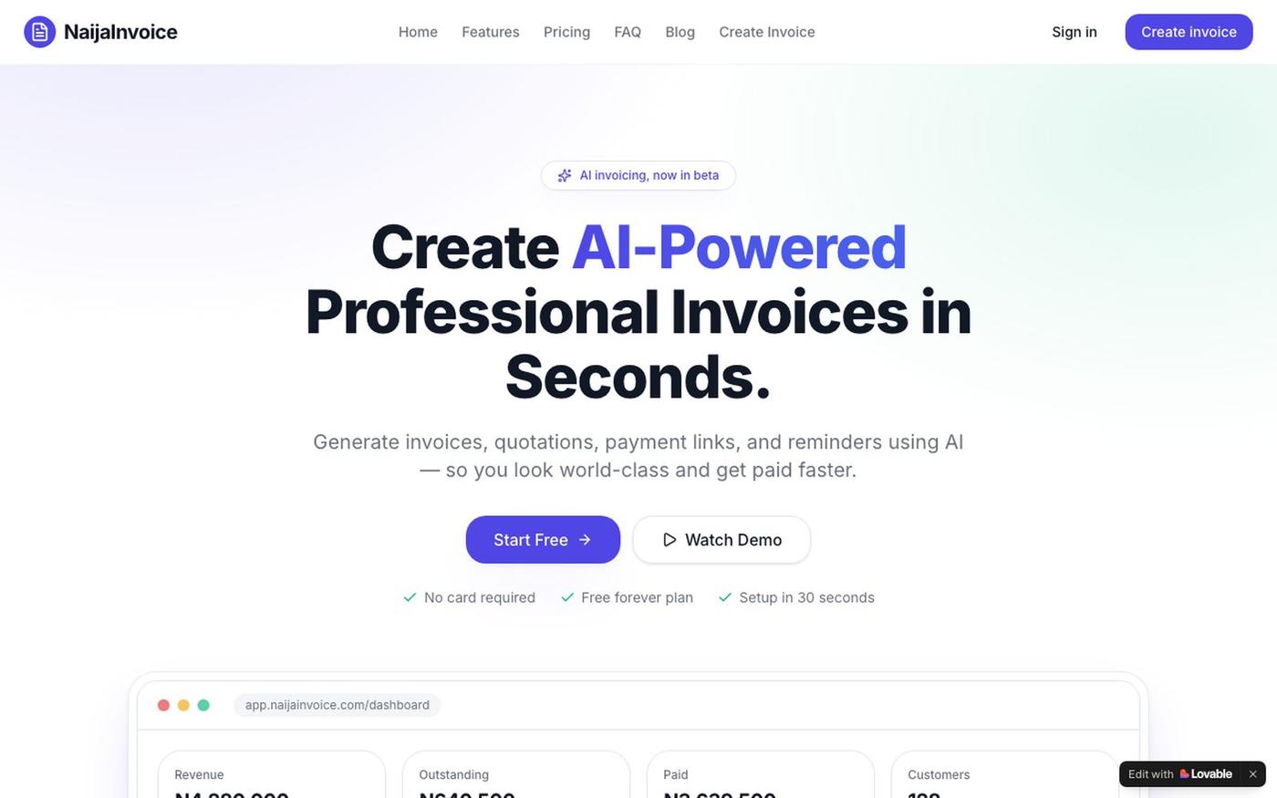 NaijaInvoice — AI-Powered Invoicing for Modern Businesses — screenshot