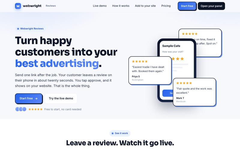 Webwright Reviews | Collect reviews by one link, show them on your site — screenshot