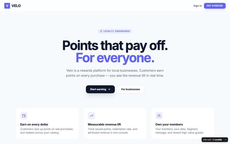 Velo — Loyalty rewards for local businesses — screenshot