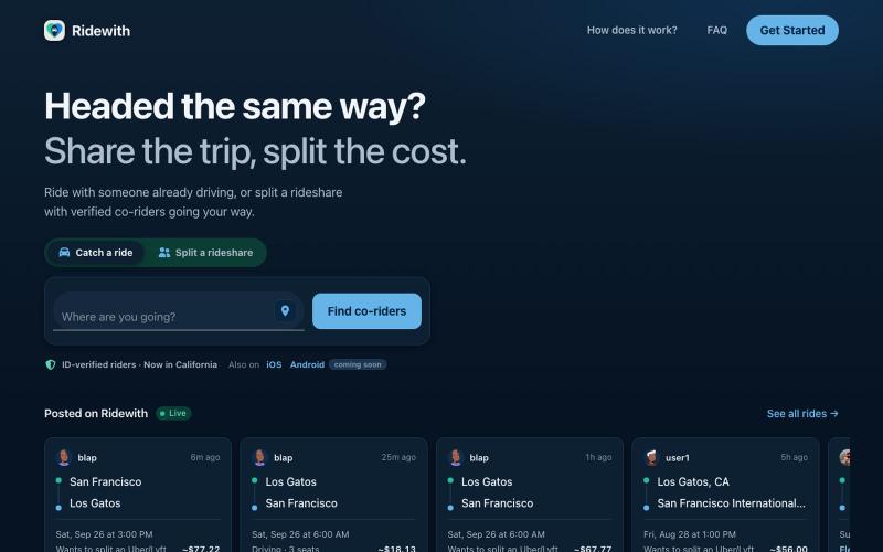 Ridewith | Verified co-riders for shared trips — screenshot