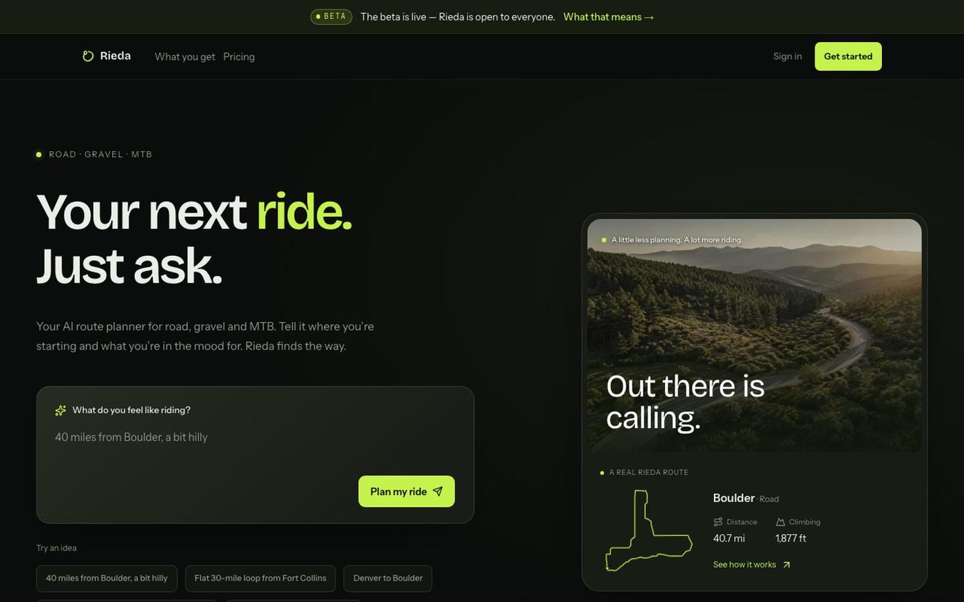 Rieda — AI route planner for road, gravel & MTB — screenshot