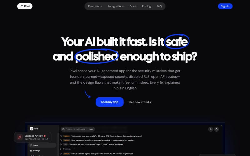 AI app security & design scanner for founders · Rixel — screenshot