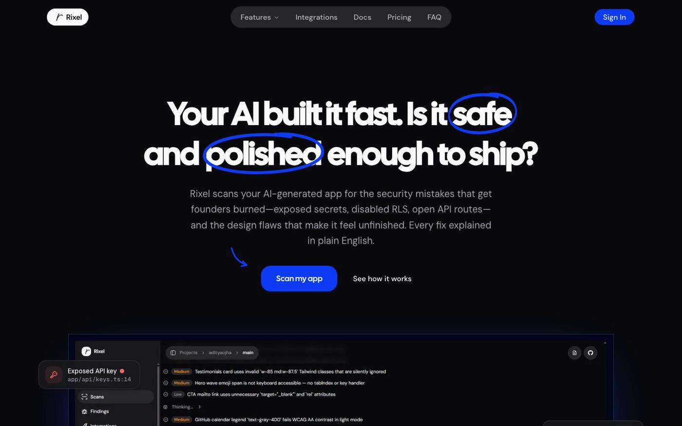 AI app security & design scanner for founders · Rixel — screenshot