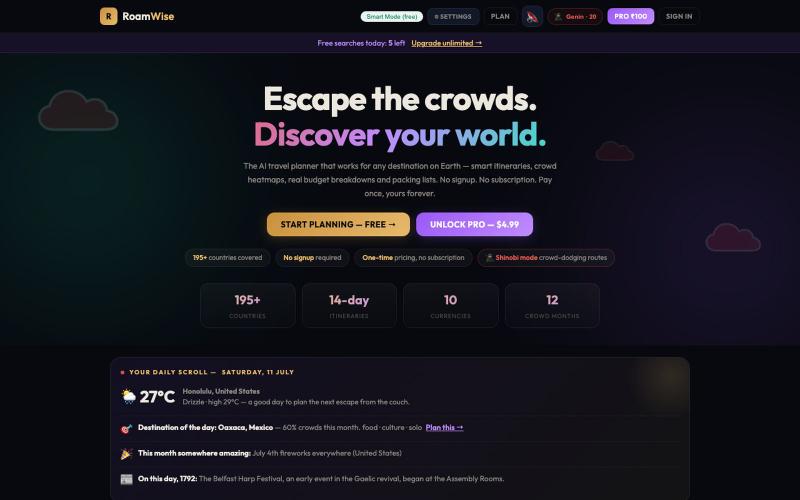 RoamWise Pro — AI Travel Planner | Itineraries, Budgets & Crowd-Free Destination — screenshot