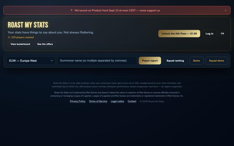 Roast My Stats — Free League of Legends Stats Analyzer — screenshot