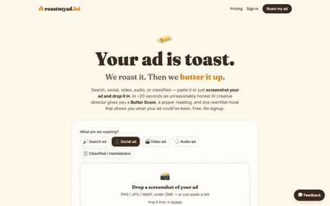 roastmyad.lol — We roast your ad. Then we butter it up. — screenshot