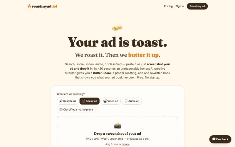 roastmyad.lol — We roast your ad. Then we butter it up. — screenshot