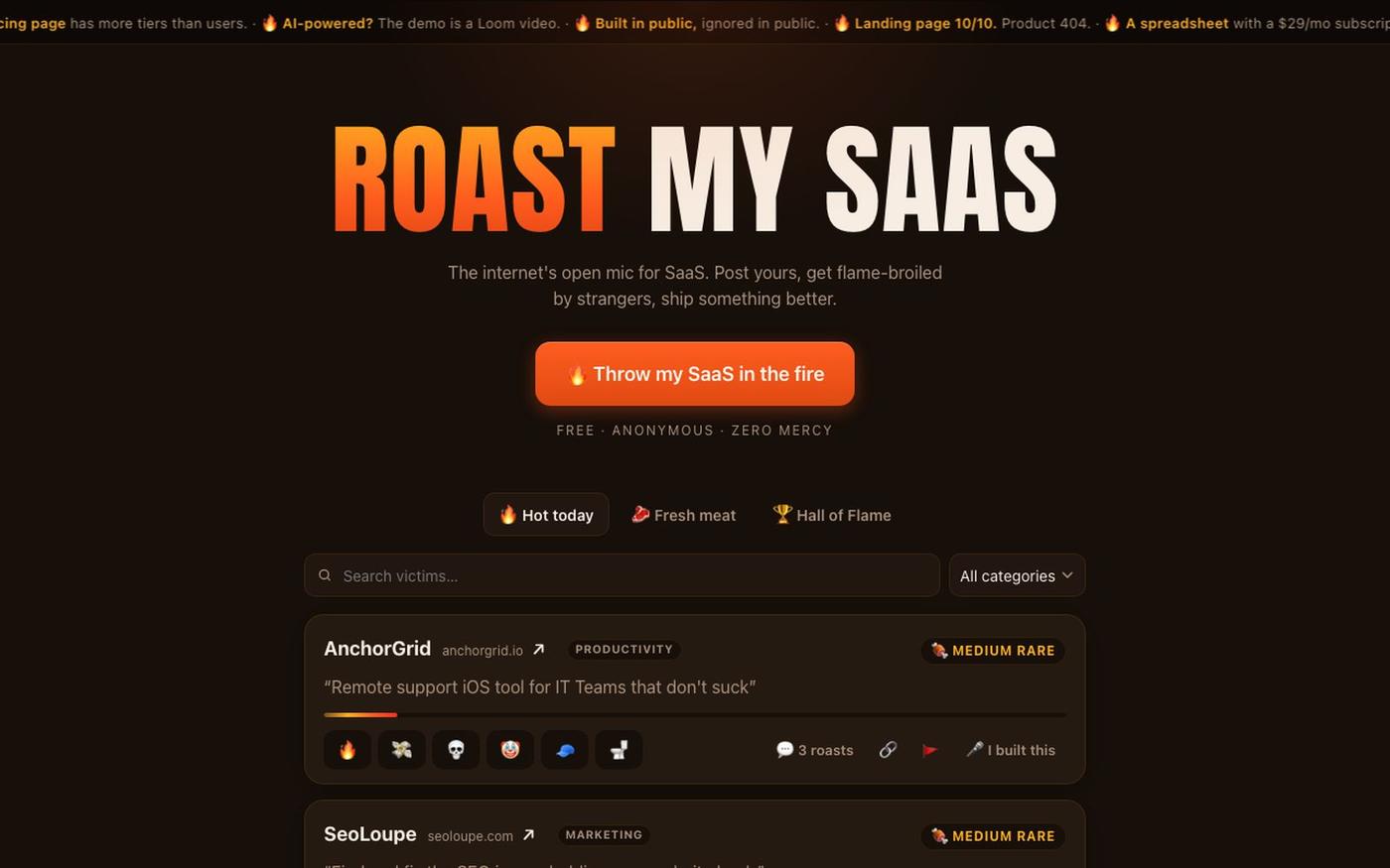 Roast My SaaS π₯ β the internet's open mic for SaaS β screenshot