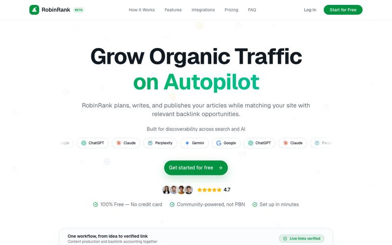 RobinRank - Publish SEO Content. Earn Verified Backlinks — screenshot