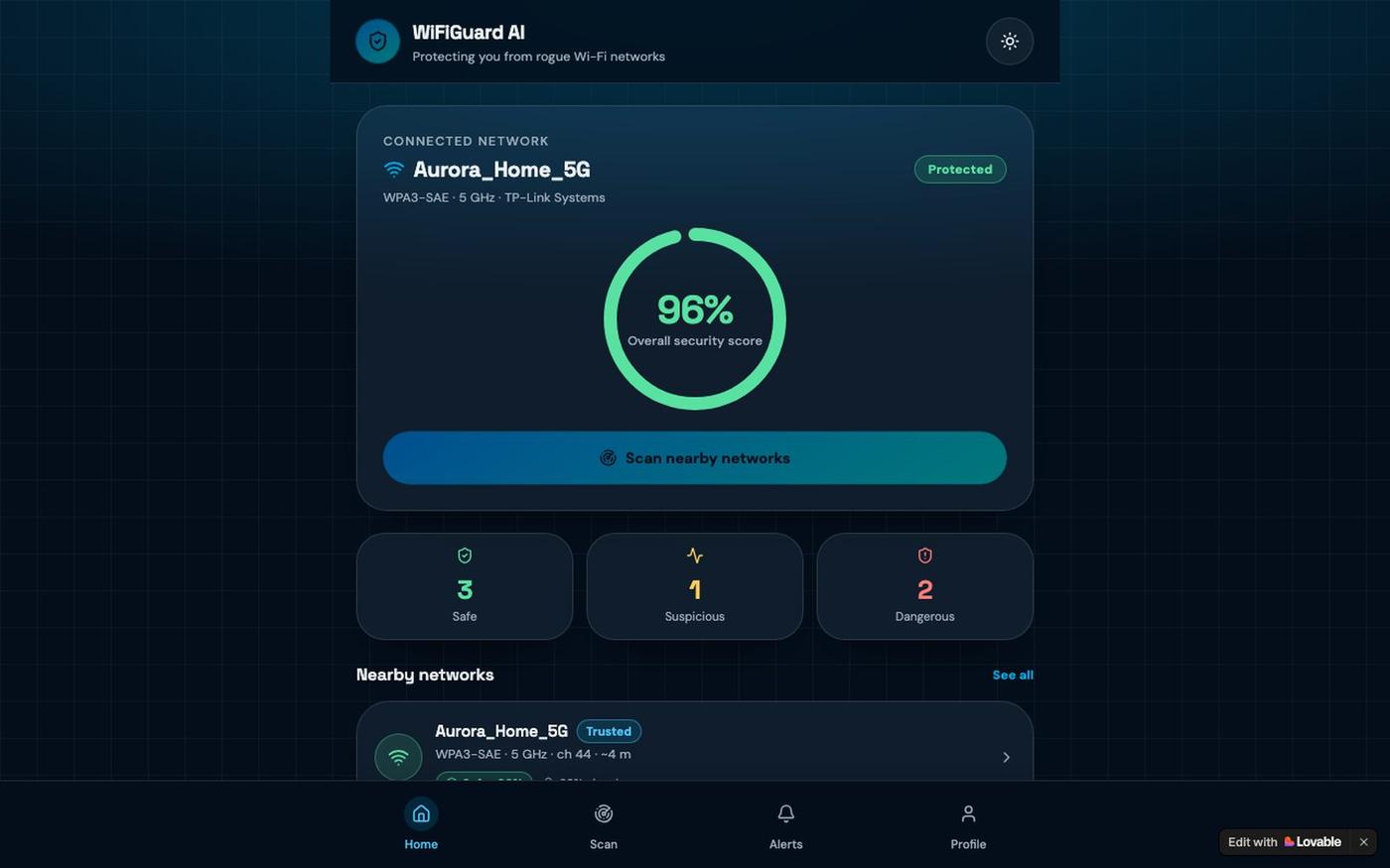 WiFiGuard AI — Home Dashboard — screenshot