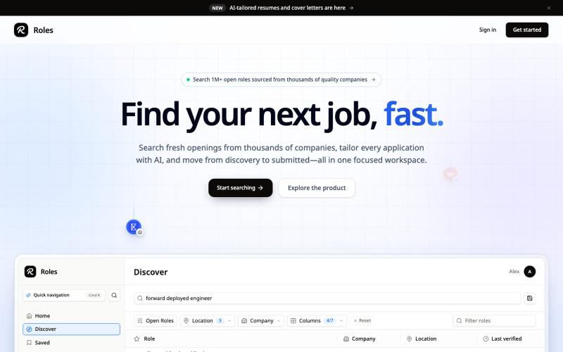 Roles | Search Fresh Jobs and Tailor Every Application — screenshot