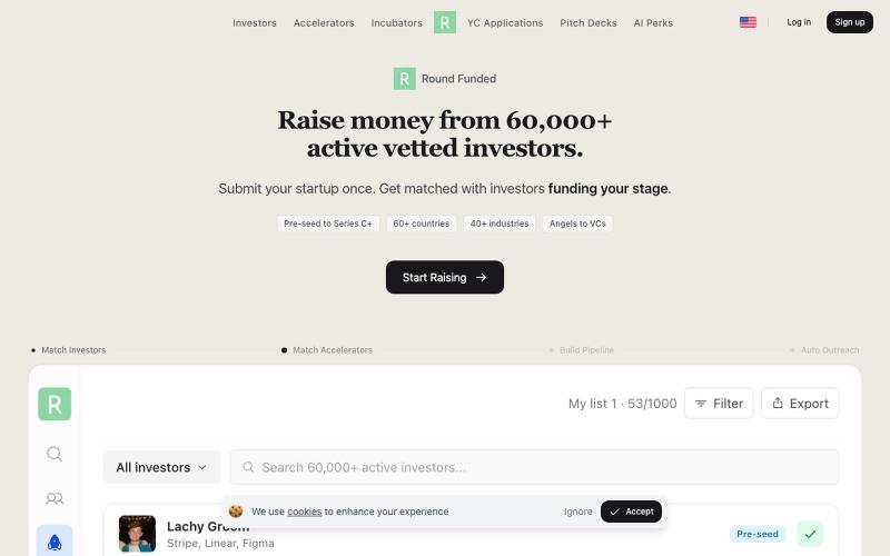 Raise from 60,000+ Vetted Investors + YC | Round Funded — screenshot