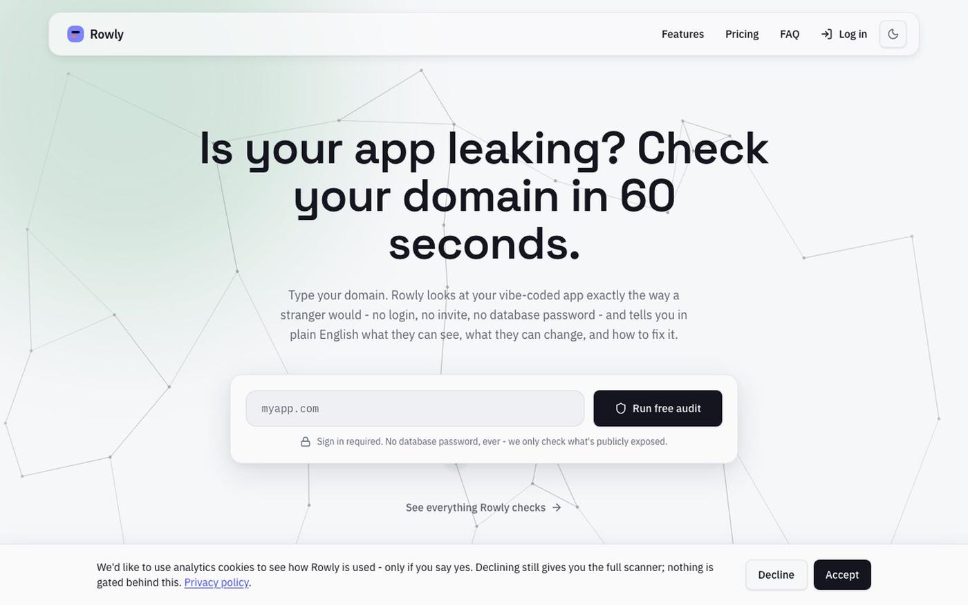 Rowly - Free Domain, Database & Password Security Checks — screenshot
