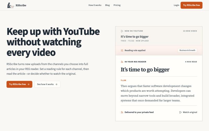 Turn YouTube Videos into RSS Articles | RSScribe — screenshot