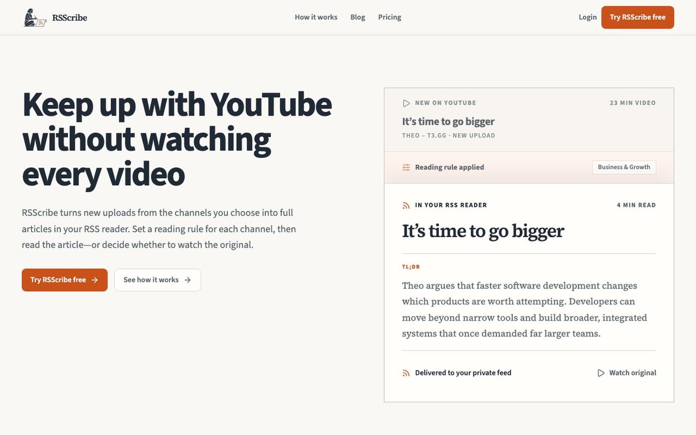 Turn YouTube Videos into RSS Articles | RSScribe — screenshot