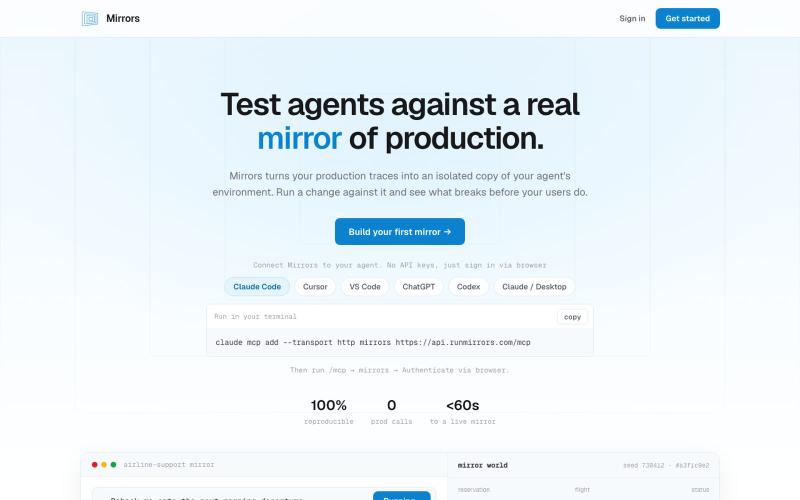 Mirrors - Test AI Agents Against a Mirror of Production — screenshot