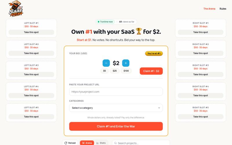 SaaSArena.lol — Bid to rank. Own the leaderboard. — screenshot