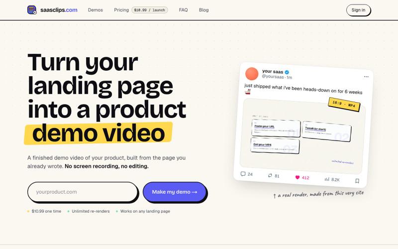 saasclips.com — Product demo videos from your landing page. — screenshot