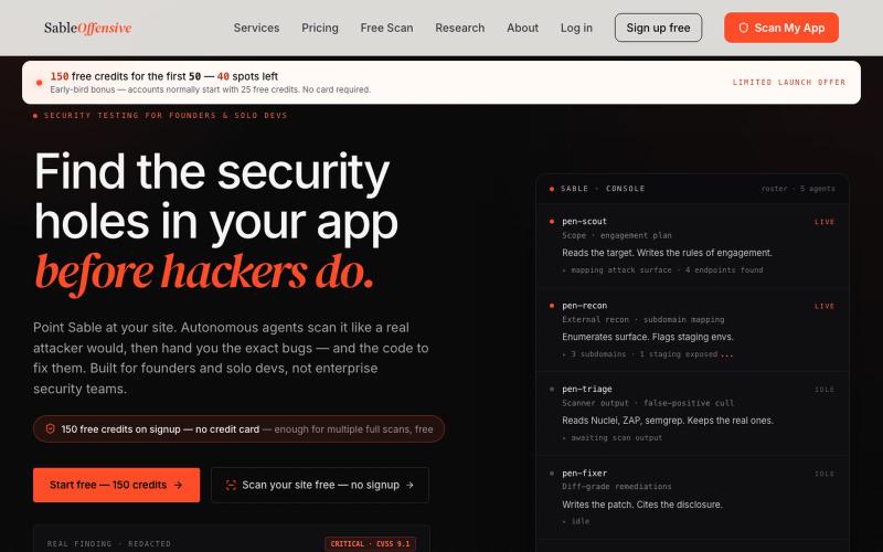 Chat with AI Pentesting Agents | 150 Free Credits + On-Demand Security Scans | S — screenshot