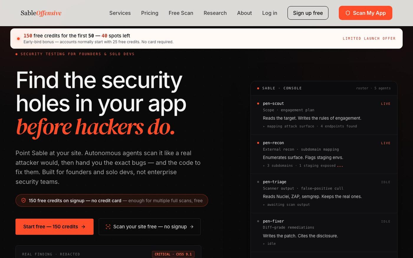 Chat with AI Pentesting Agents | 150 Free Credits + On-Demand Security Scans | S — screenshot
