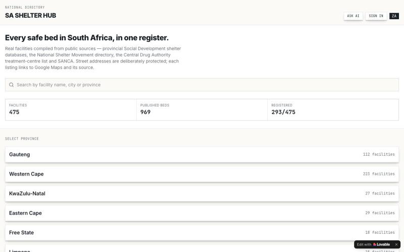 SA Shelter Hub — Shelters, Rehabs & Safe Spaces in South Africa — screenshot