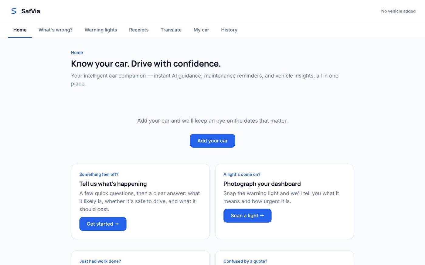 SafVia — Know Your Car. Drive with Confidence. — screenshot