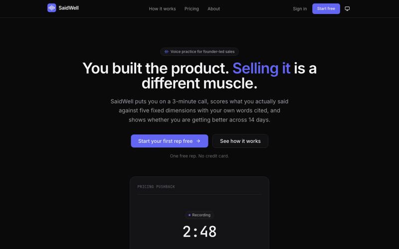 SaidWell: voice practice for the founder-sales calls you keep losing — screenshot
