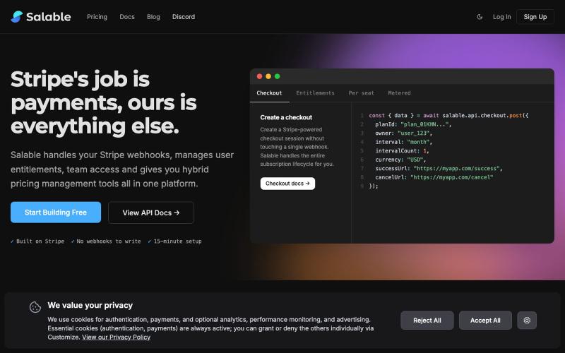 Salable | Hybrid billing built on your Stripe account — screenshot