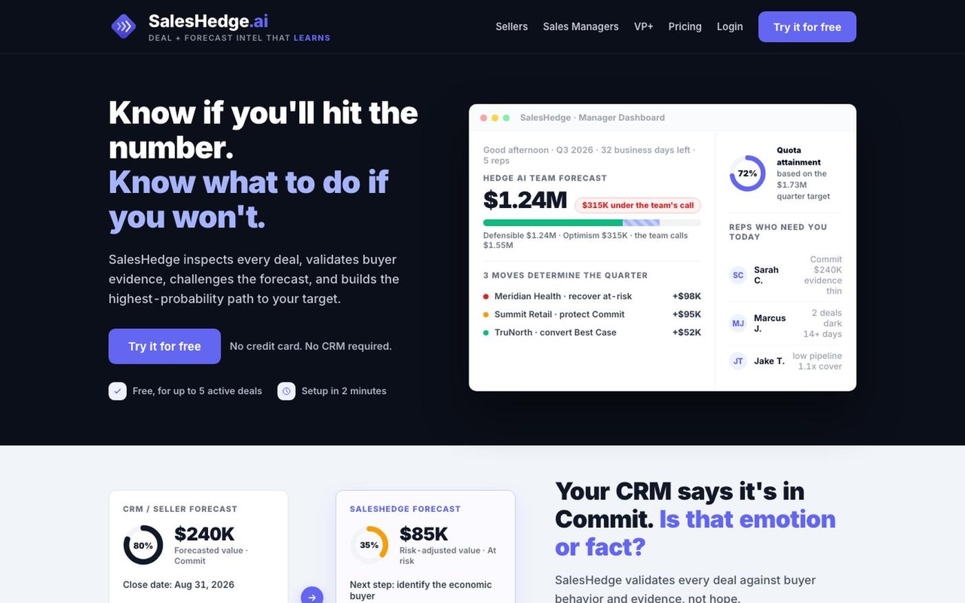 SalesHedge | AI Deal + Forecast Intel That Learns — screenshot