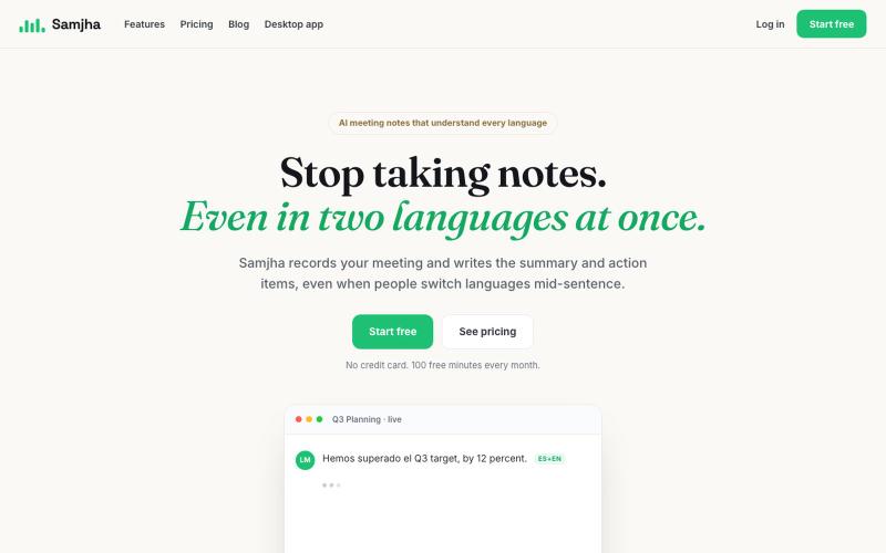 AI Meeting Notes for Every Language | Samjha — screenshot