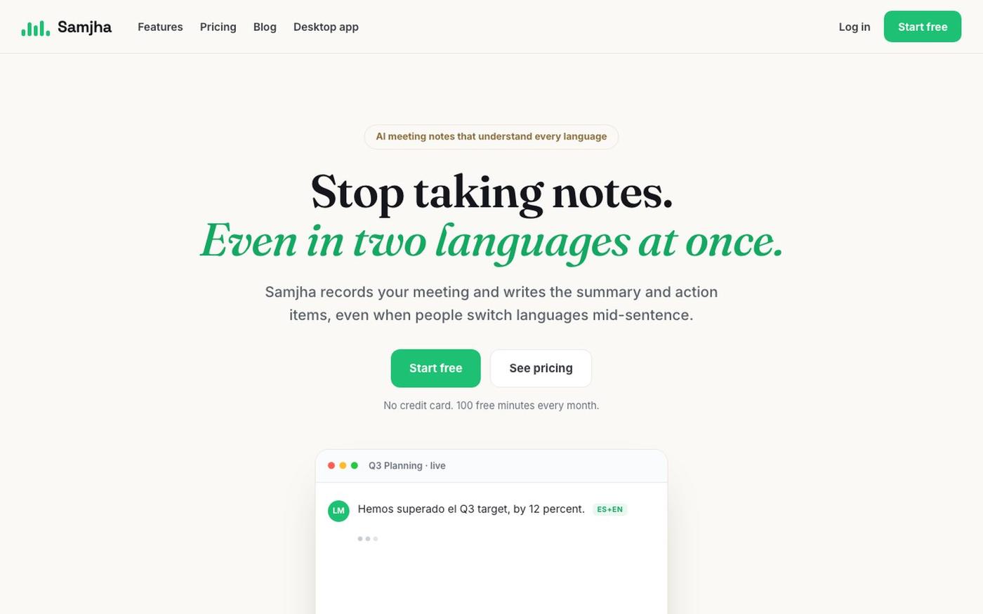 AI Meeting Notes for Every Language | Samjha — screenshot