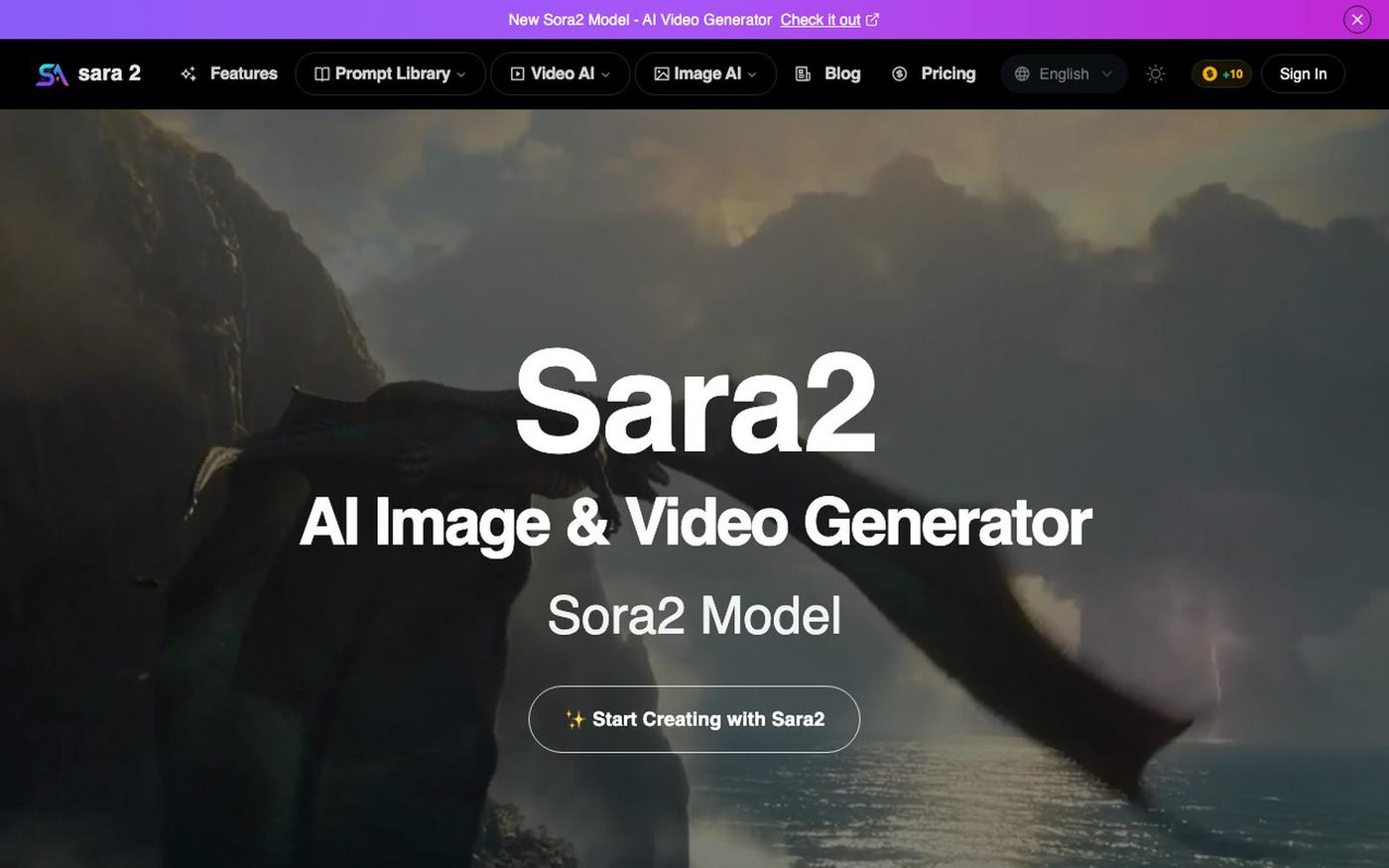 Sara2.io: Free AI Img & Video Generator with Sora2 & NanoBanana — screenshot