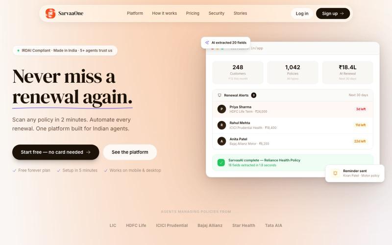 SarvaaOne — AI Insurance CRM for Indian Agents — screenshot