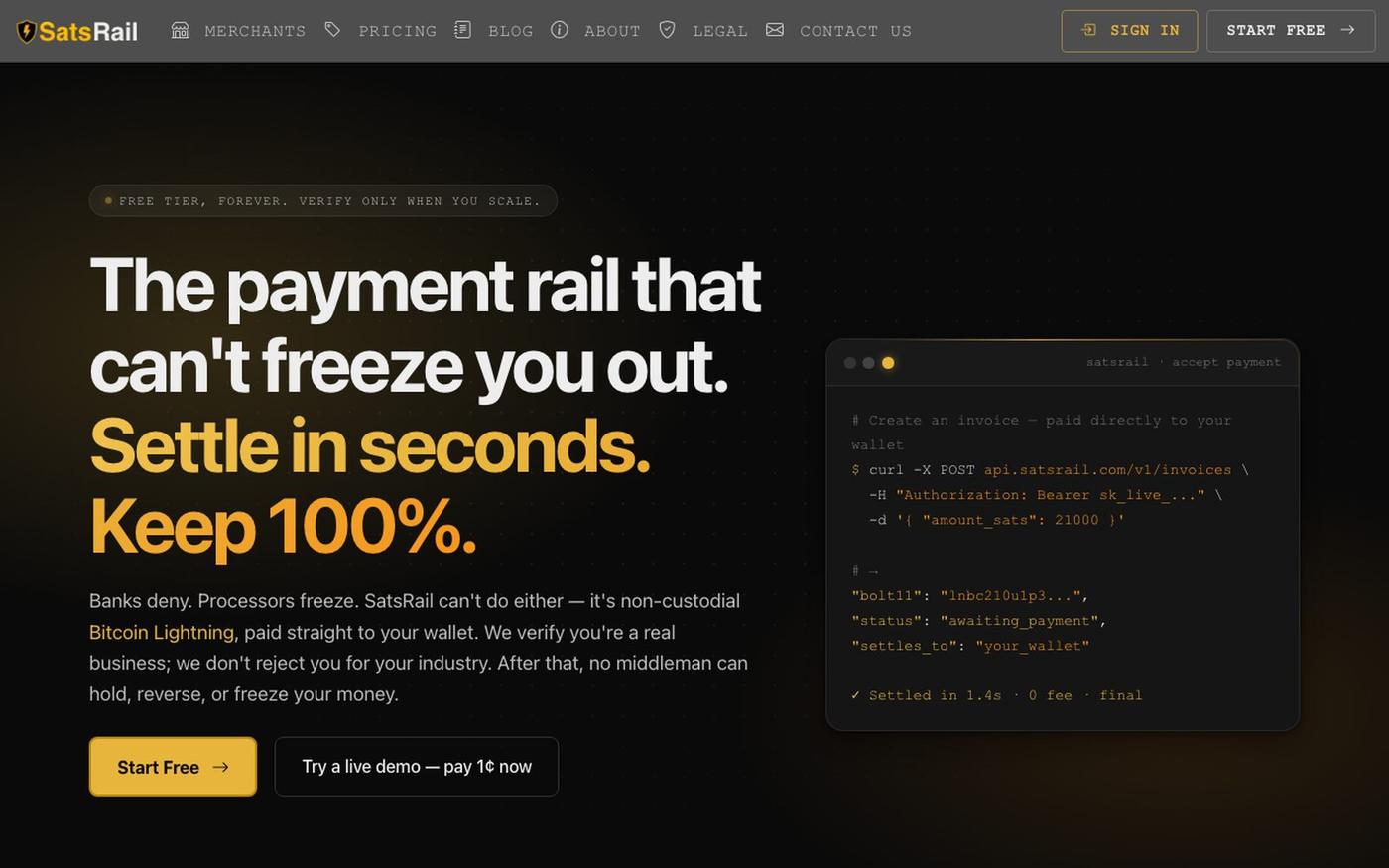 SatsRail - Bitcoin Payment Infrastructure — screenshot