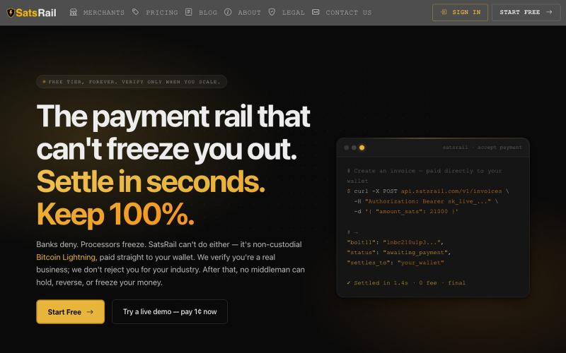 SatsRail - Bitcoin Payment Infrastructure — screenshot