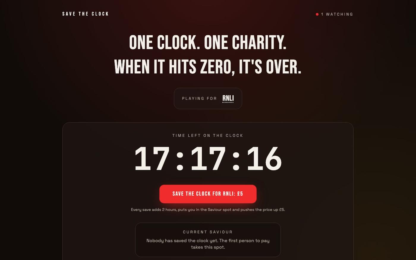 Save the Clock: one clock, one charity, until it hits zero — screenshot