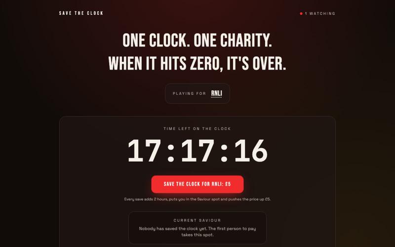 Save the Clock: one clock, one charity, until it hits zero — screenshot