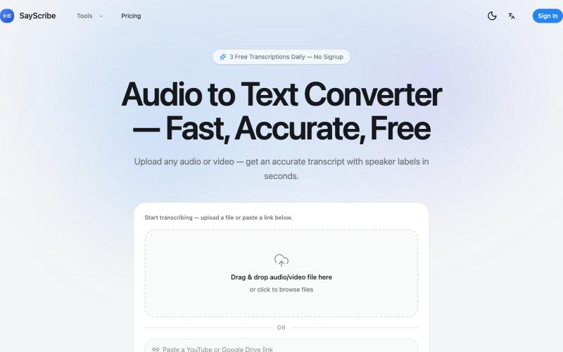 Audio to Text Converter – Free AI Transcription | SayScribe — screenshot