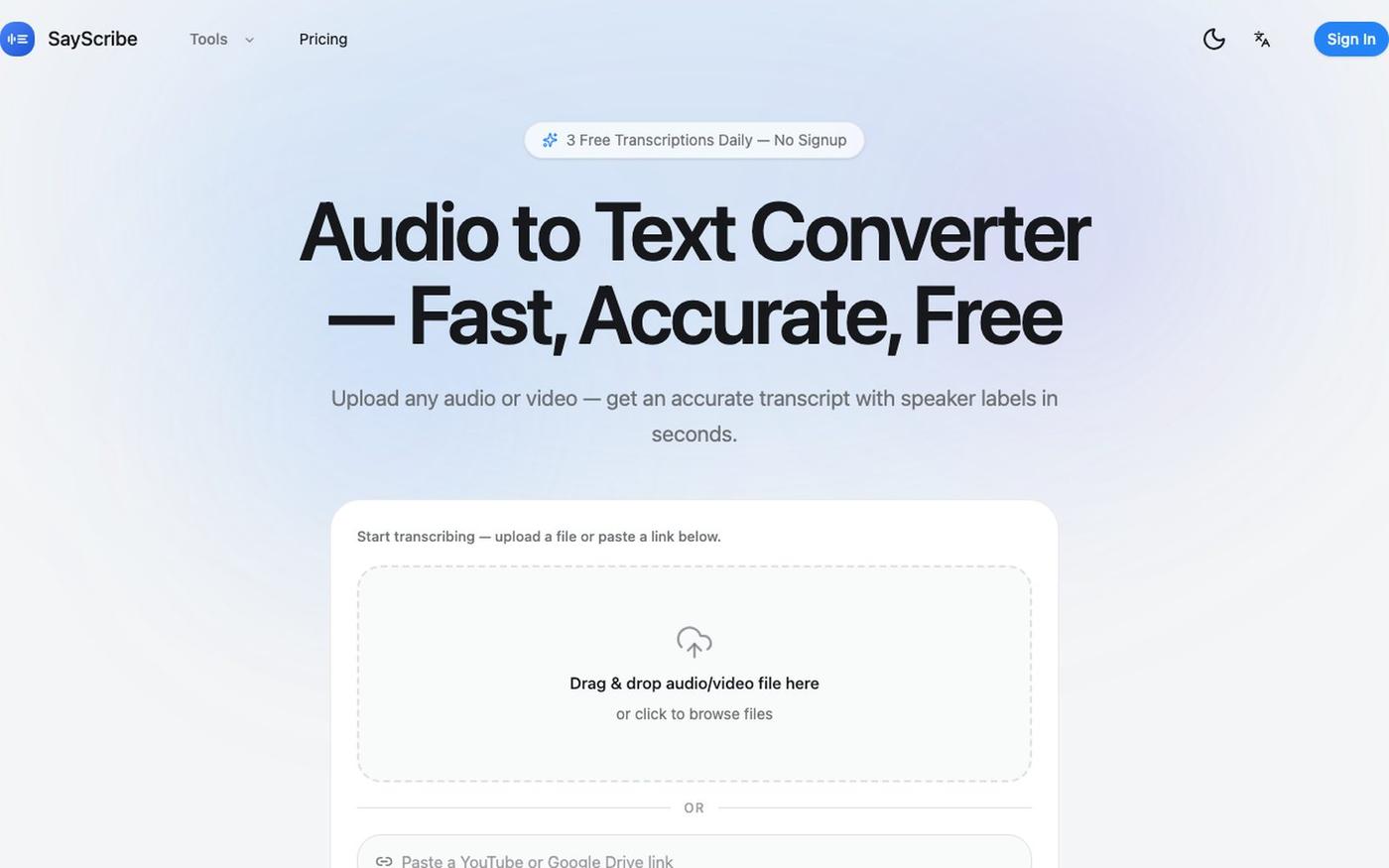 Audio to Text Converter – Free AI Transcription | SayScribe — screenshot