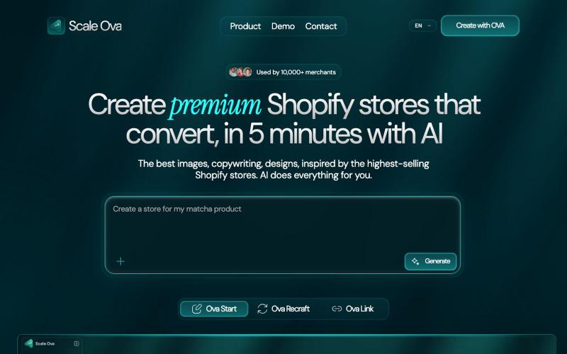Create your Shopify store with AI | Scale Ova — screenshot