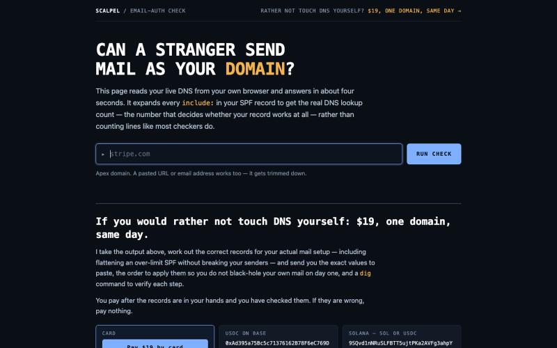 Can a stranger send email as your domain? — free SPF, DKIM & DMARC check — screenshot