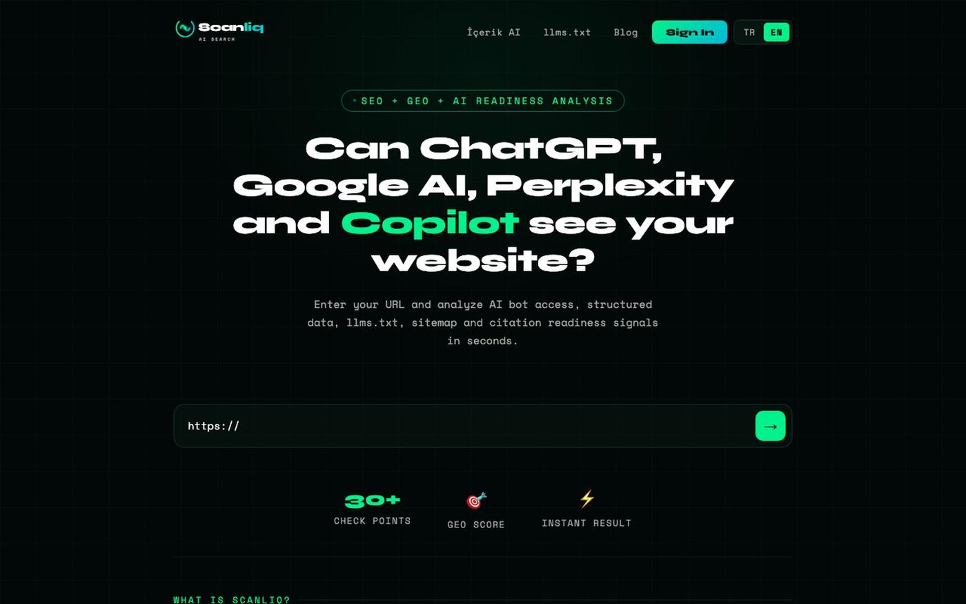 Scanliq — AI Optimizasyon & GEO Aracı | AI Search Visibility — screenshot