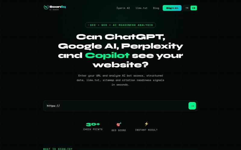 Scanliq — AI Optimizasyon & GEO Aracı | AI Search Visibility — screenshot