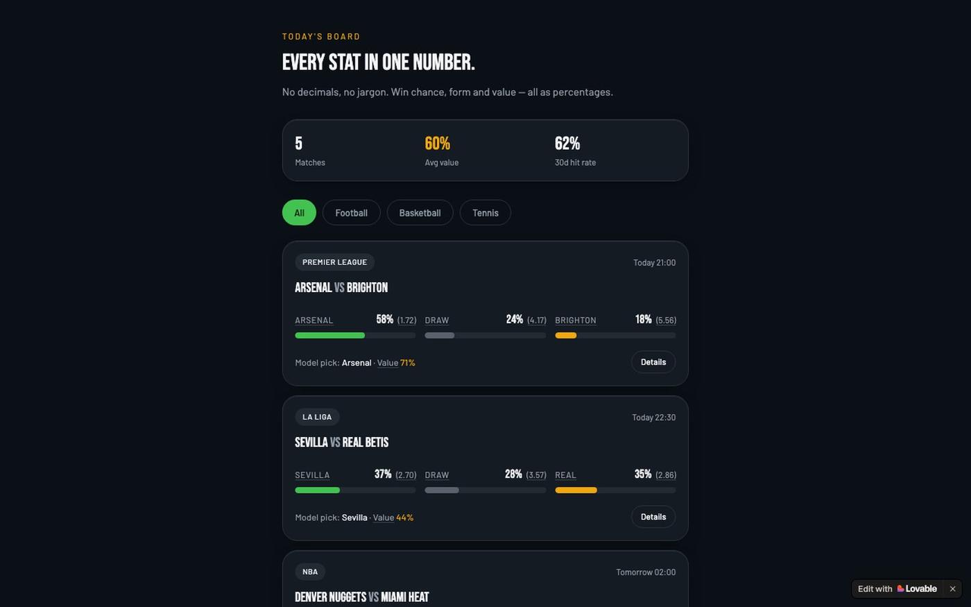 OddsEdge — Simple Betting Stats in % — screenshot